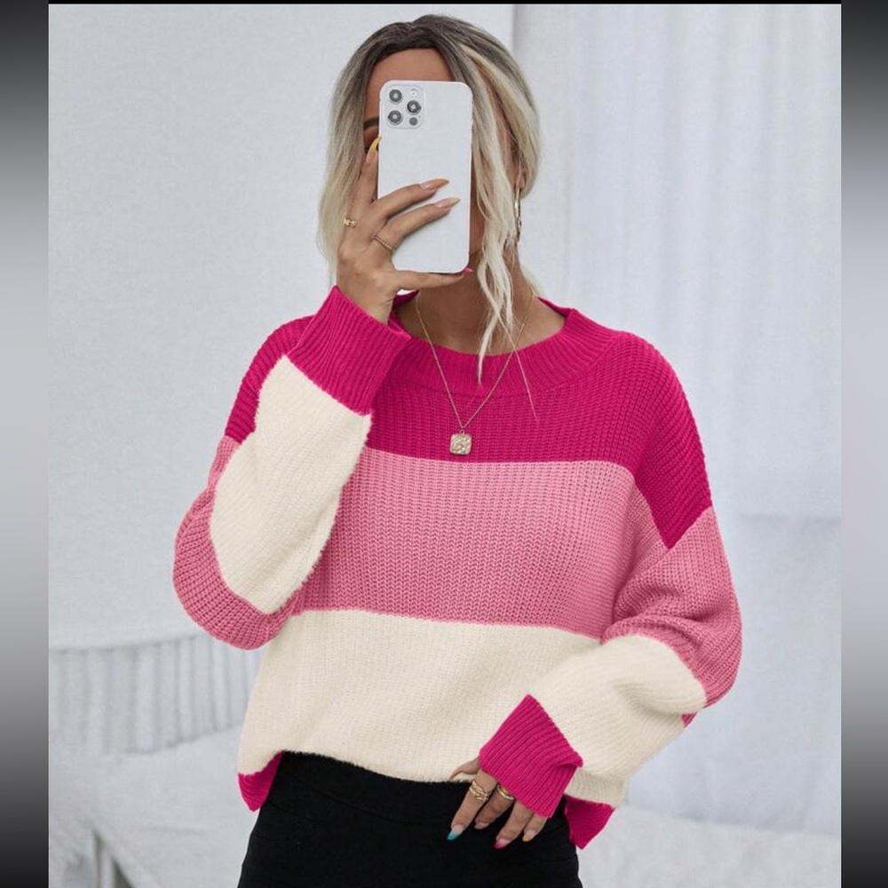 Pink Colorblock Drop Shoulder Sweater